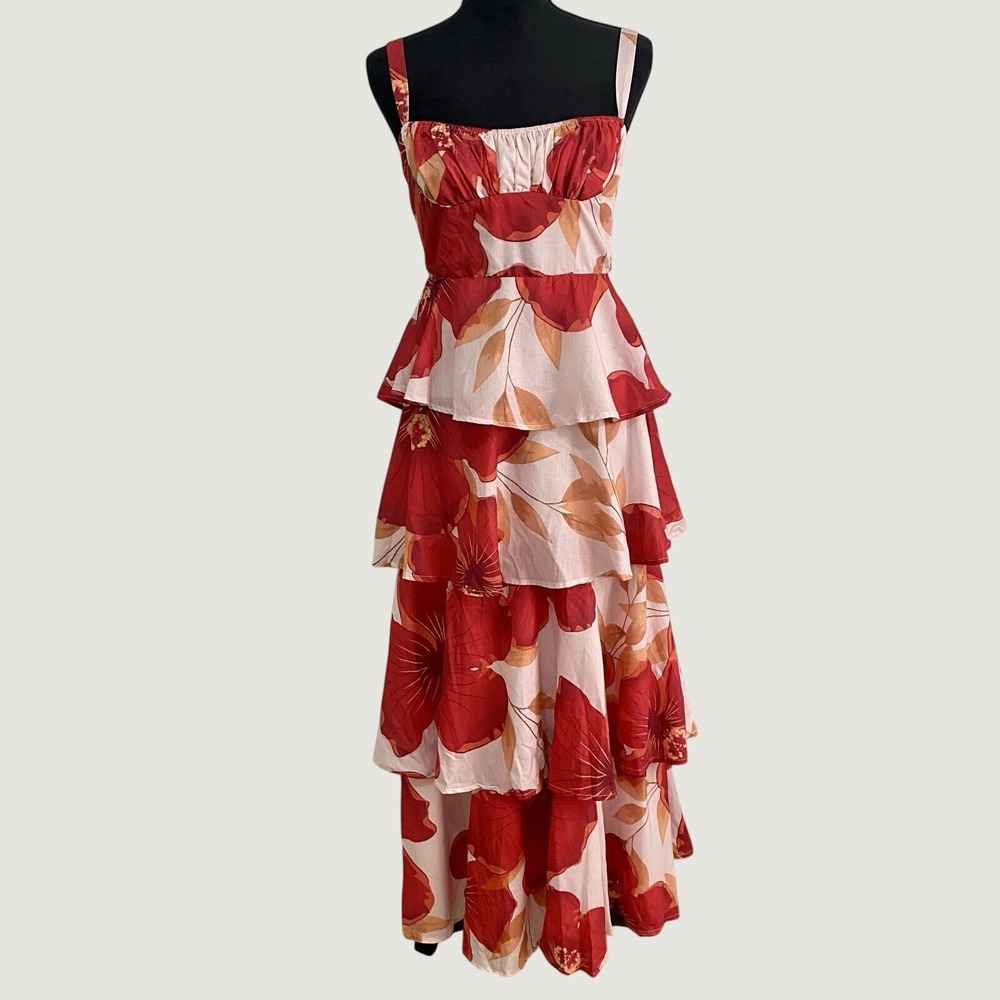 Mika & Gala Lily White Floral Tiered Maxi Dress Open Back Tie Beach Romantic Med